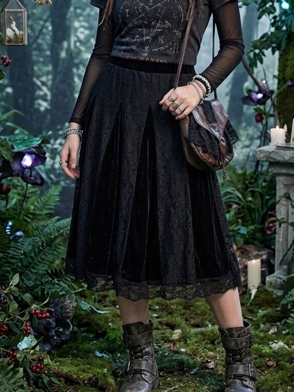 Susan Graver Black Lace Velvet Pullon Skirt Womens Large Whimsigoth Fairy Grunge